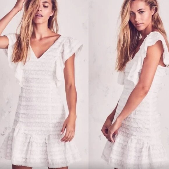 LoveShackFancy Catalina Lace Alanis Mini Dress Womens 4 Ivory Cream VNeck Ruffle